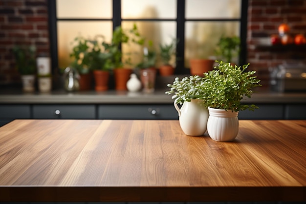 Blurred kitchen room background complements wood table top for versatile displays