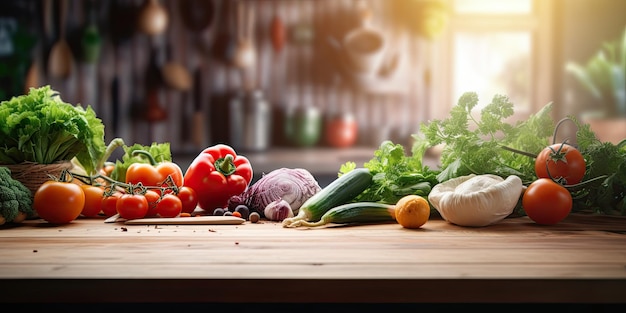 Blurred kitchen with fresh vegetables wooden table