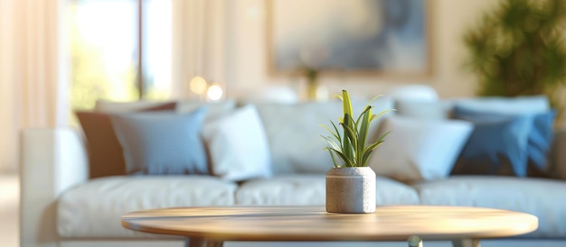 Blurred living room image featuring a table and sofa for background purposes