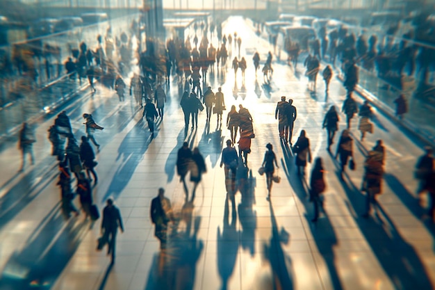 blurred a lot of people going to work near glass office buildings