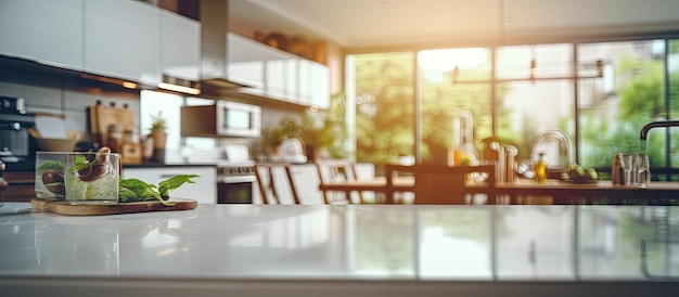Photo blurred modern kitchen interior image as background