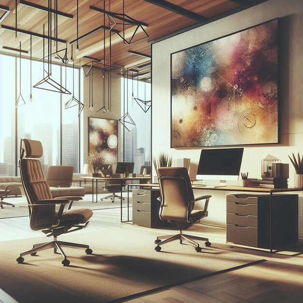 A Blurred Modern Office Interior with Abstract Artwork and Stylish Ergonomic Furniture