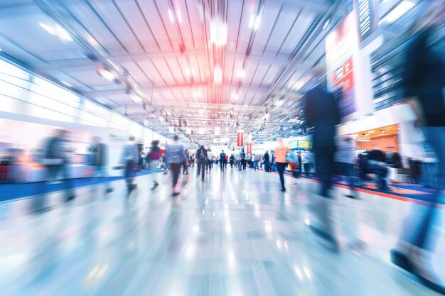 Photo blurred motion of business people at trade fair in modern hall