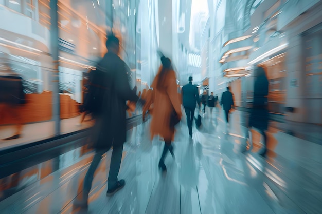 Blurred motion of businesspeople walking in a modern office space symbolizing a dynamic work environment Concept Dynamic Work Environment Blurred Motion Modern Office Space Businesspeople