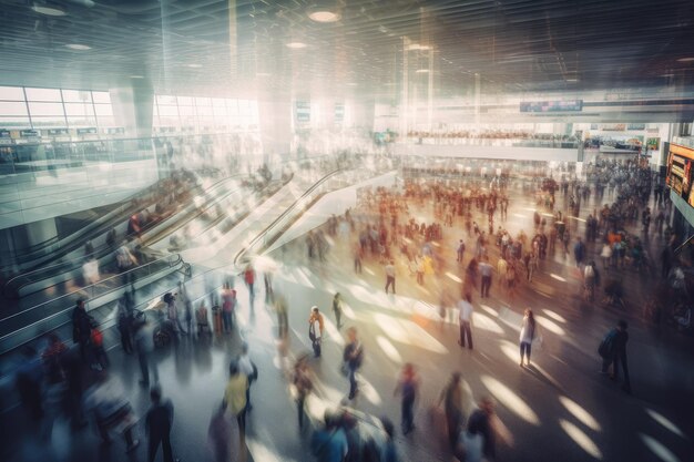 바쁜 공항 터미널 의 흐릿 한 움직임