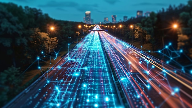 Photo blurred motion depicts digital data flow on road illustrating future digital transformation