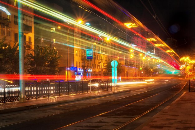 Blurred motion of light trails on road at night