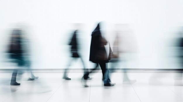 Blurred motion of people walking in a bright modern interior depicting the hustle of daily life