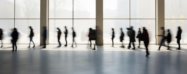 Photo blurred motion of people walking in modern interior