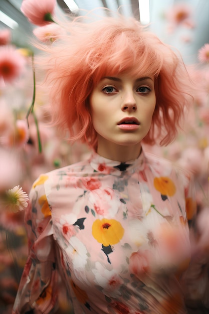 짧은 분홍색 머리카락 을 가진 젊은 여자 의 흐릿 한 사진