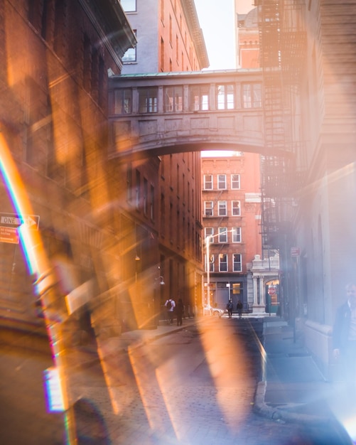 Blurred motion of street and buildings in city