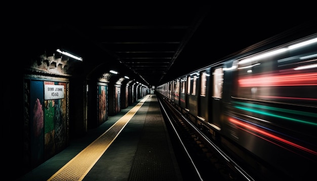 Blurred motion of subway train in underground station generated by AI