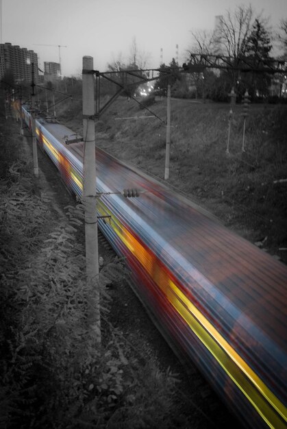 Foto movimento sfocato del treno in mezzo alle piante