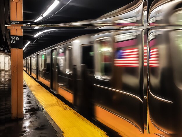 Photo blurred motion of train at subway station