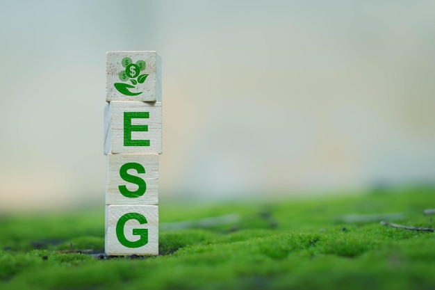 キューブの木製の背景と環境社会とガバナンスの ESG の概念とぼやけた自然