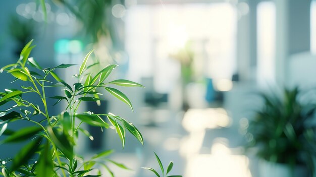 Photo blurred office background modern interior with blurry green flowers and people insid generative ai