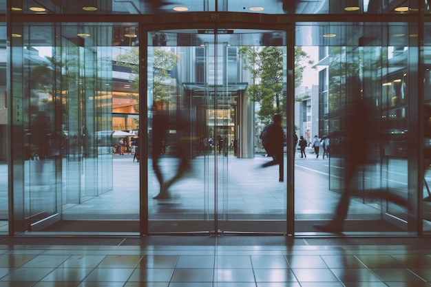 Blurred office building with people walking through the doors