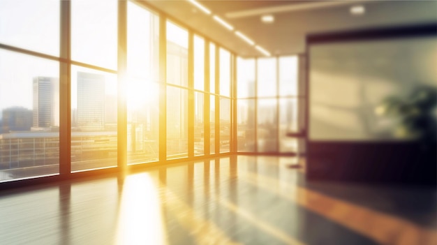 blurred office interior featuring urban view plants wooden desks and soft sunset glow