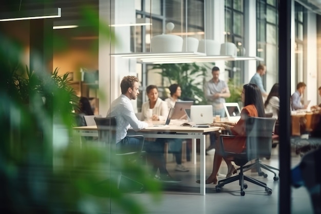 Blurred office interior space background with people working and meeting on table Business concept