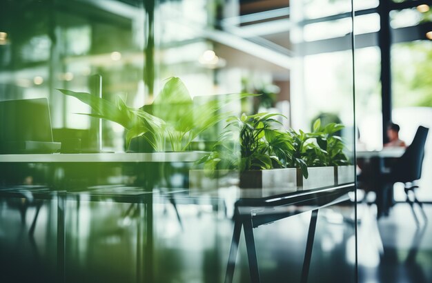 Photo blurred office interior with glass walls and green plants