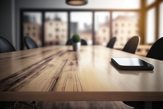 空の木製テーブル トップの背景にぼやけたオフィスと会議室