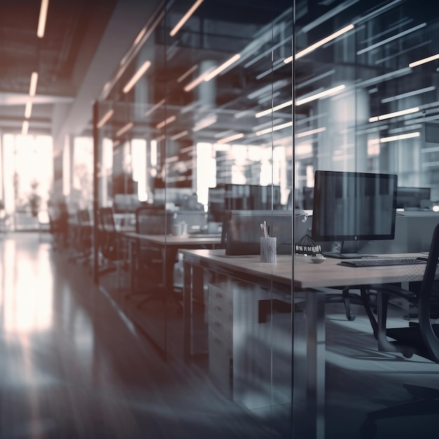 Blurred office room interior with defocused effect blurred workspace business concept Generative AI