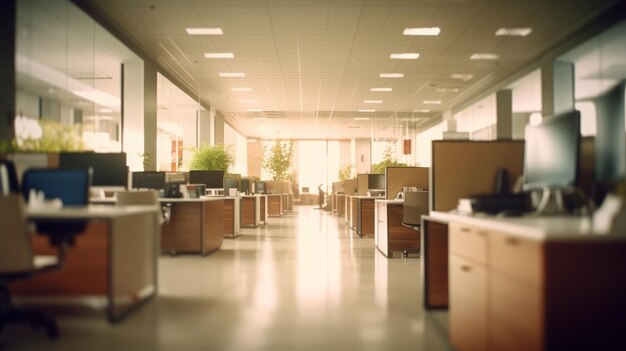 Blurred office room interior with defocused effect blurred workspace business concept Generative AI