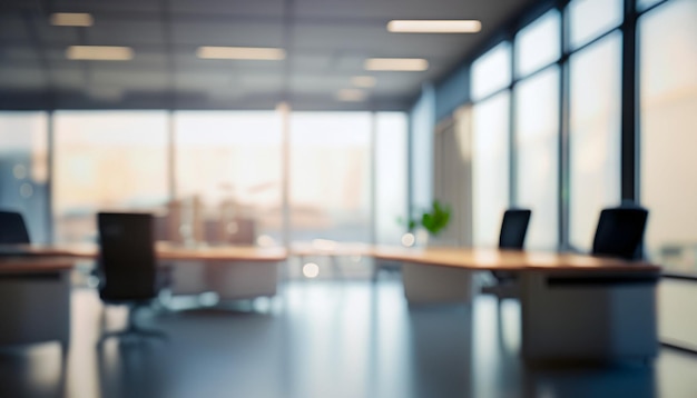 Photo blurred office space with large windows and desks symbolizing corporate productivity and modern wor