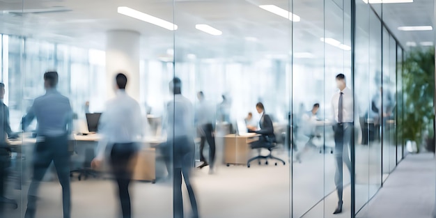 Blurred office with people working behind glass wall