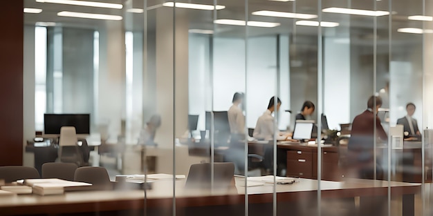 Blurred office with people working behind glass wall