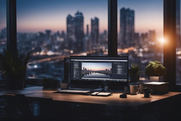 Photo blurred office workspace in the evening interior workplace with cityscape for business presentation