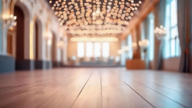 Blurred open space of festively decorated hall Abstract light bokeh on modern interior background