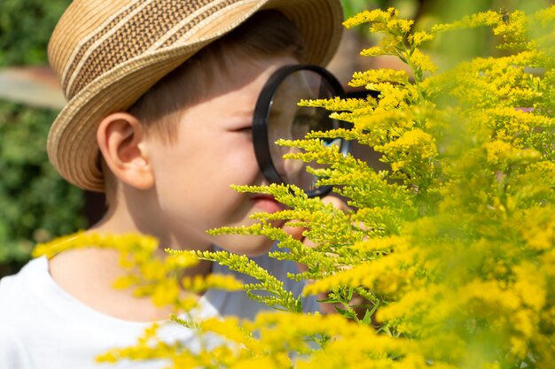 ぼけて焦点が合っていない麦わら帽子をかぶった愛らしい小さな男の子が緑の植物の葉を見て