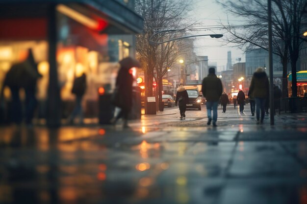 Blurred pedestrians walking on a rainsoaked city street