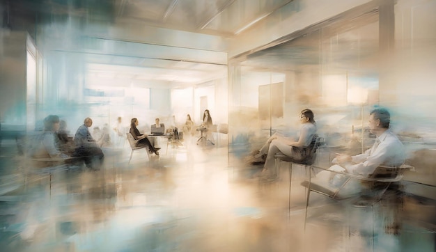 Blurred people sitting in a living room of a modern office