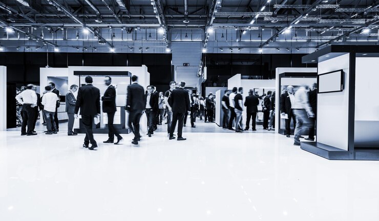 Blurred people at a trade fair