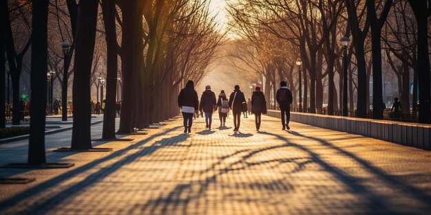 Blurred people walking in Korean park at late afternoon long shadows defocused image background