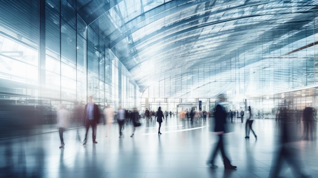 Blurred people walking in a modern hall