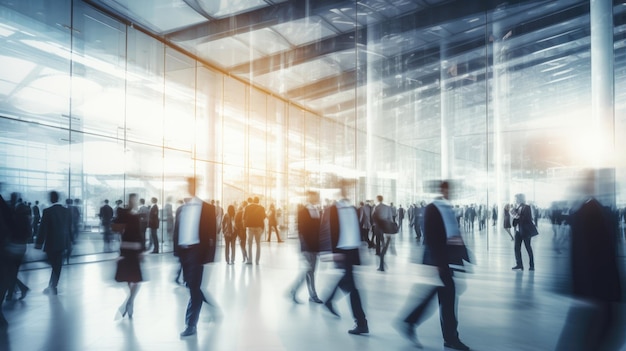 Blurred people walking in a modern hall