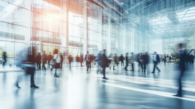 Blurred people walking in a modern hall