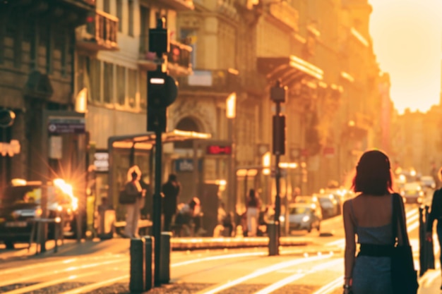 Sfocato di persone che camminano per strada durante il tramonto nella città di bordeaux in francia