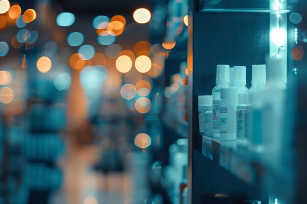 Blurred pharmacy background with shelves full of medicine and healthcare products