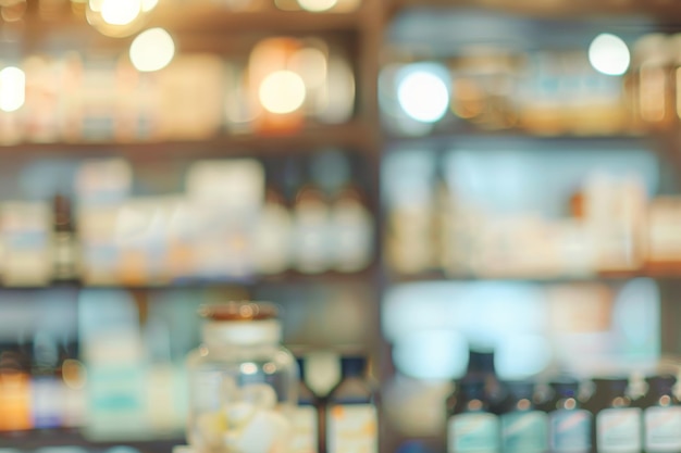 Foto sfondio sfocato della farmacia con scaffali pieni di farmaci e prodotti sanitari