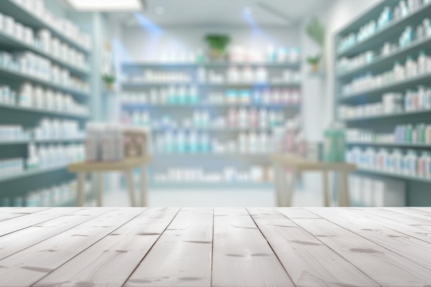 Foto sfondio sfocato della farmacia con scaffali pieni di farmaci e prodotti sanitari