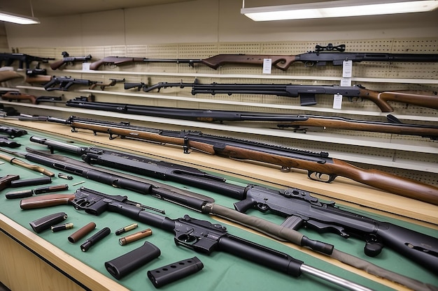 Photo blurred photo of gun rifle display for sale in pawn shop