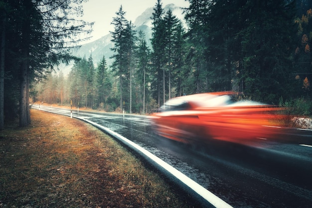 写真 雨の秋の森の道路で動いているぼやけた赤い車曇った雨の日の完璧なアスファルトの山道イタリアアルプスの道路松の木霧の森の交通高速道路