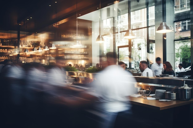 Blurred restaurant background with some people eating and chefs and waiters working Generative AI