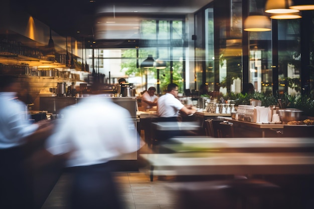 Blurred restaurant background with some people eating and chefs and waiters working Generative AI