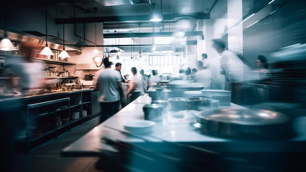 Blurred restaurant background with some people eating and chefs and waiters working Generative AI