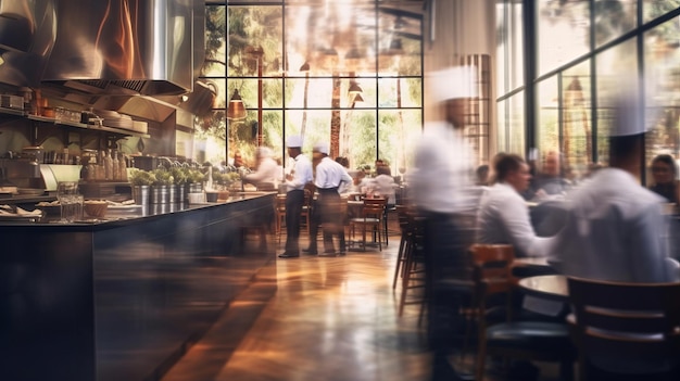 Photo blurred restaurant background with some people eating and chefs and waiters working